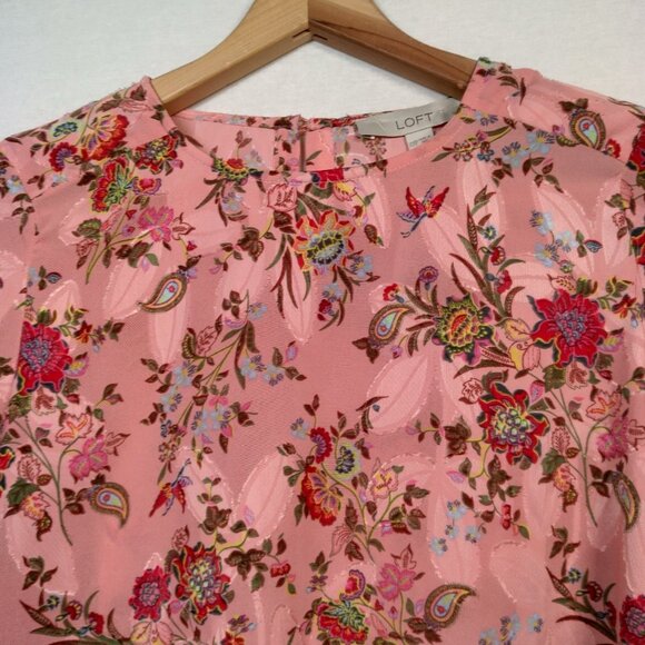 Loft Blouse Shirt XXS Petite Pink Floral Long Balloon Sleeve Semi Sheer Textured - Picture 2 of 11